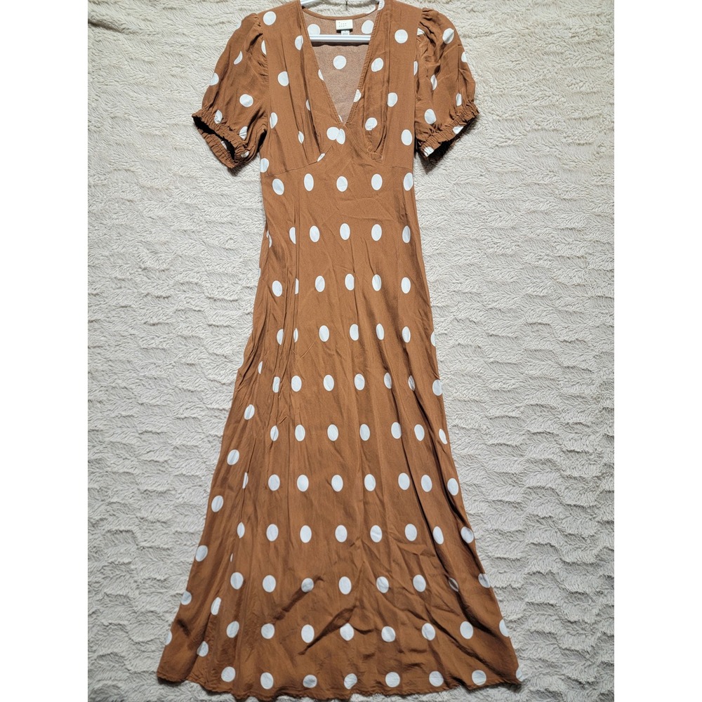 A New Day Brown Polka Dot Maxi Dress V-Neck Puff Sleeve Rayon Cognac Womens S